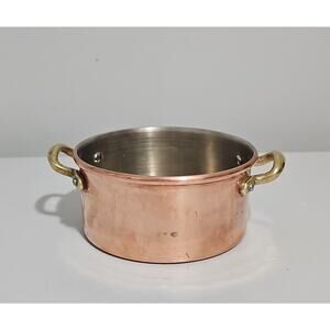 Vintage Small Copper Chef Stock Pot Brass Handles Cottagecore French Country